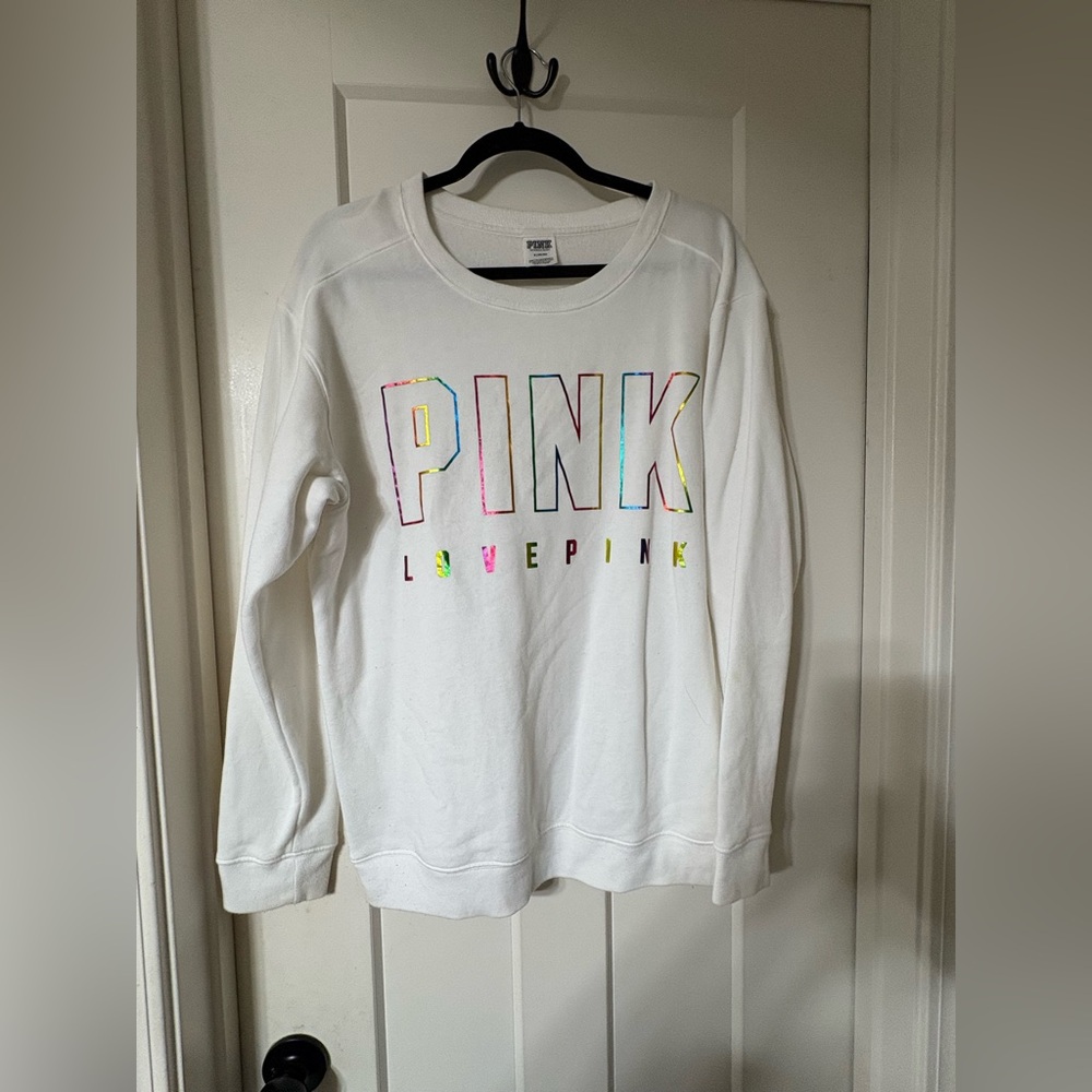 PINK Victoria's Secret White Crewneck Sweatshirt - Multicolor Logo